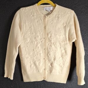 Vintage Petite Sophisticate Cardigan Sweater Pearl Button Lambswool Angora Small
